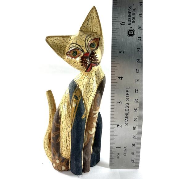 Set of 3 Hand Carved Wood Cat Sculptures Crackle Painted Folk Art - Picture 6 of 8